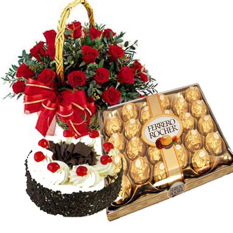 Flowers and chocolate birthday gifts. 20 Red Roses Round Basket + 1 Kg Black Forest Cake + 24 ...