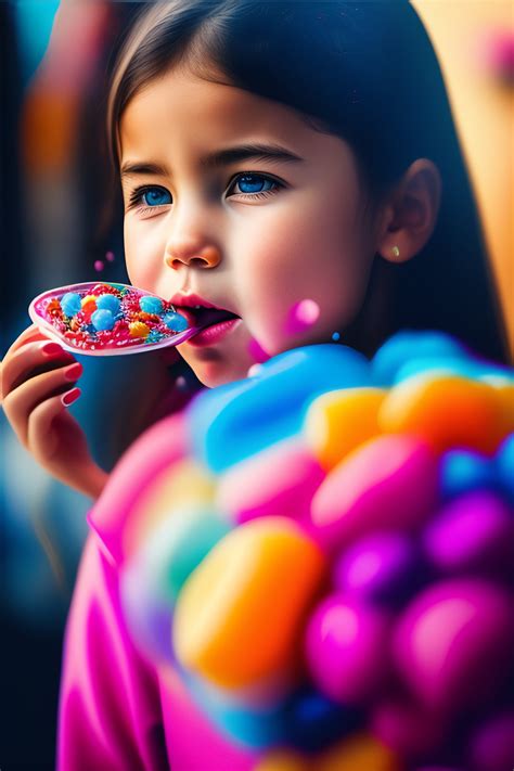 Lexica A Girl Eating Candy With Blue And Pink Hear