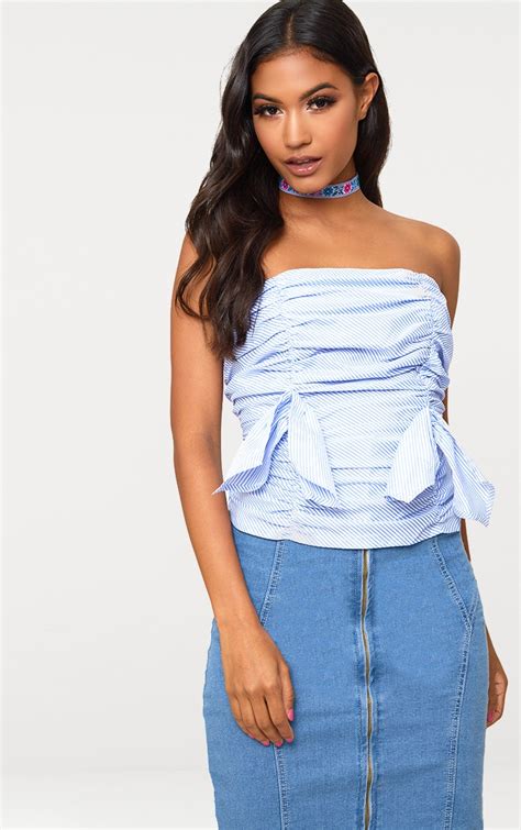 Blue Stripe Ruched Frill Bandeau Lace Up Back Shirt Tops