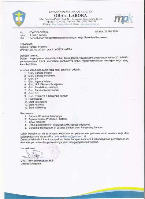 Materi surat lamaran pekerjaan : Contoh Surat Lamaran Kerja Ke Sekolah Tk - Kumpulan Contoh ...