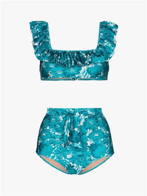Adriana Degreas Ruffle Trim Floral Print Bikini Set In Blue Modesens