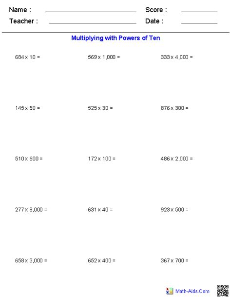 Multiplying With Powers Of Ten Worksheets Math Multiplication