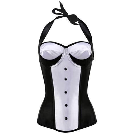 Womens Sexy Black And White Lace Up Back Plastic Boned Corset Push Up