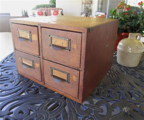 Antique Primitive Wooden Box ~ 4 Drawer Index File Card Catalog Cabinet
