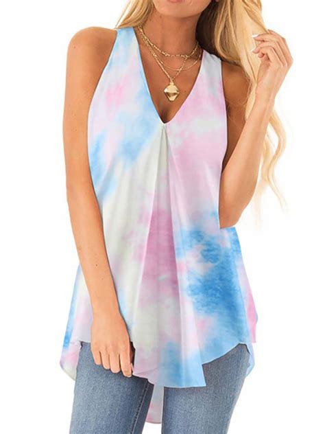Plus Size Womens Tie Dye V Neck Sleeveless Tank Tops Casual Summer Blouse Vest Tunic Shirts