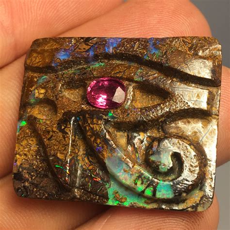 Hand Carved Boulder Opal Eye Of Horus W Gil Certified Red Ruby