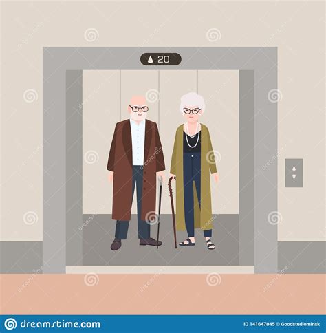 Smiling Old Man And Woman With Canes Standing In Elevator