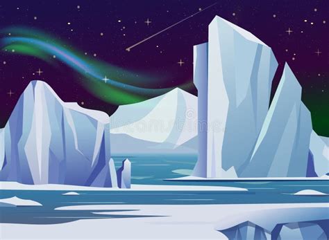 Vector Illustration Arctic Night Landscape With Iceberg And Mountains