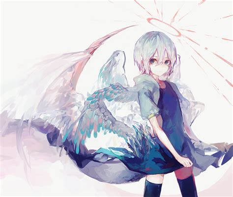 Authoring, ie portrayed characters and their surroundings do not belong to any product (anime, movie, game), and is entirely an invention of the artist. angel blue eyes dress halo original short hair suzukami thighhighs wings zettai ryouiki ...