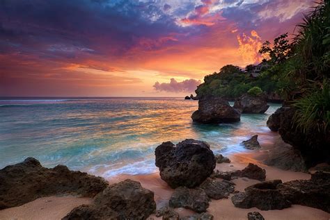 Bali Sunrise Indonesia Nature Clouds Sea Rock Landscape Shrubs