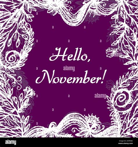 Hello November Lettering On Colorful Background With Herbal Doodle