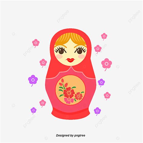 Cartoon Illustrations Of Pink Cute Russian Dolls And Flowers Russian
