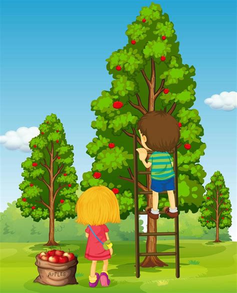 Boy And Girl Picking Apples 1268752 Vector Art At Vecteezy