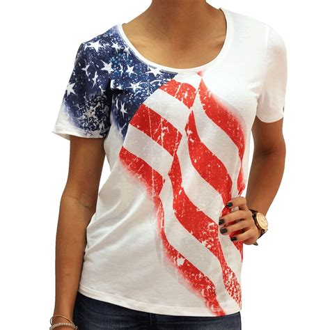 The Flag Shirt Ladies White American Flag Short Sleeve Scoop Neck T Shirt With Sequins