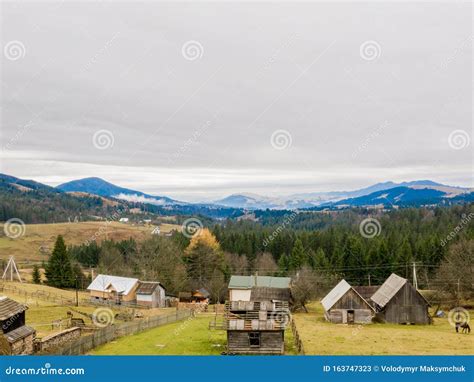 Wooden House In A Mountains Traditional Small Hut In Carpathian