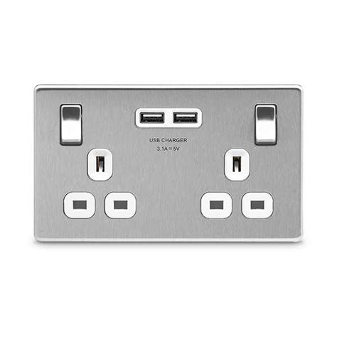 Bg Nexus Flatplate Screwless Brushed Steel 2 Gang 13a Switched Socket