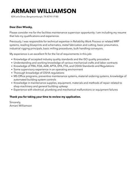 Facilities Maintenance Supervisor Cover Letter | Velvet Jobs