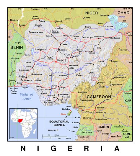 Detailed political map of Nigeria with relief | Nigeria | Africa