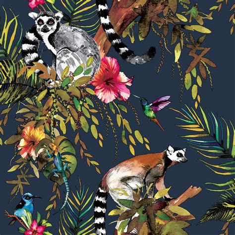 Kooky Lemur Wallpaper in Midnight Blue | Navy wallpaper ...