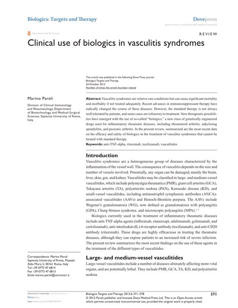 Pdf Clinical Use Of Biologics In Vasculitis Syndromes