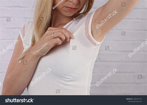 Business Woman Armpit Sweating Transpiration Stain Stock Photo