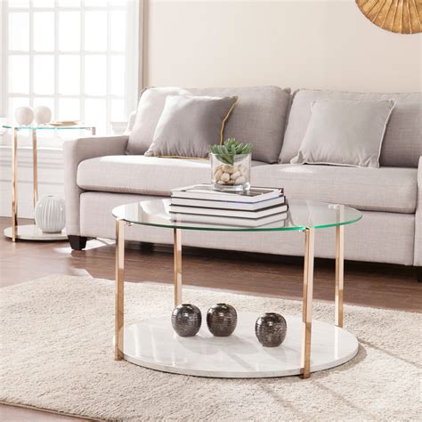 Ember Interiors Modern Faux Marble And Glass Top Round Coffee Table