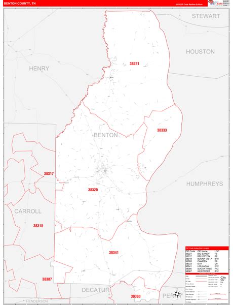 Benton County Tn Zip Code Wall Map Red Line Style By Marketmaps Mapsales