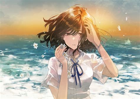 Wallpaper Anime Girl Sad Expression Ocean Horizon Sunset Short Brown Hair Wallpapermaiden