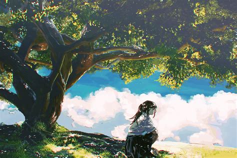 Wallpaper Girl Shape Trees Clouds Anime Hd Widescreen High