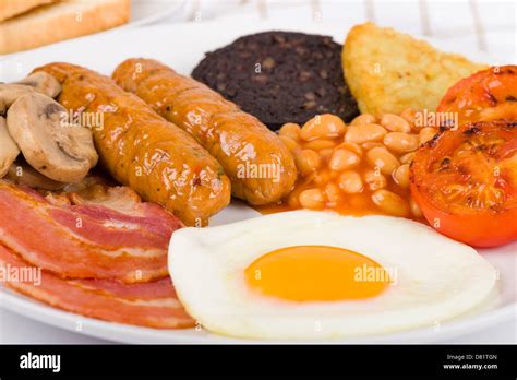 Full English Breakfast Fry Up With Egg Bacon Mushrooms Tomatoes Sausages Black Pudding