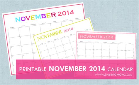 Free Printable November 2014 Calendars By Shining Mom