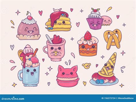 Set Of Kawaii Dessert Cartoon Vector Icons Stock Illustration