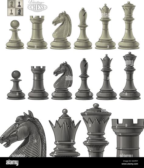 Vector Illustration Of Chess Piece Set In Vintage Engraving Style