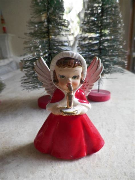 Vintage Ceramic Christmas Angel Figurine Red Dress Candle Stick Japan