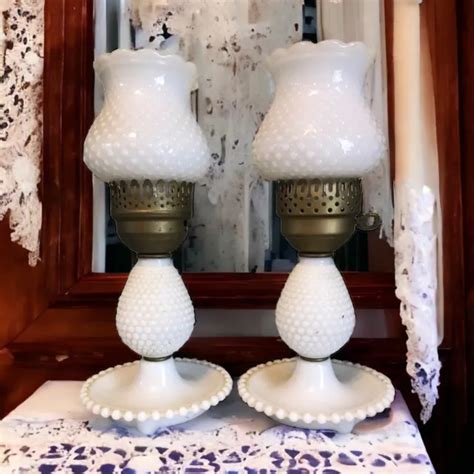 Pair Vintage White Hobnail Milk Glass Electric Boudoir Dresser Vanity Lamps Picclick