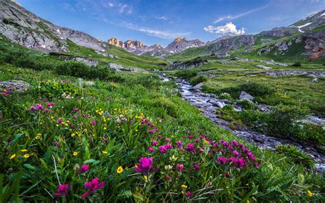 Landscape Beautiful Scenery Rocky Peaks Stream Meadow With Colorful