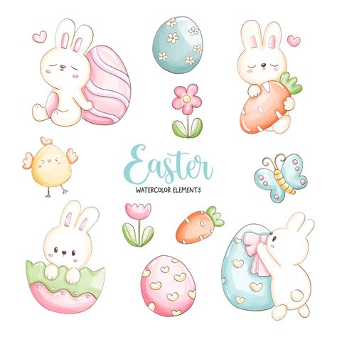 Watercolor Happy Easter Day With Cute Bunny And Easter Eggs Vector