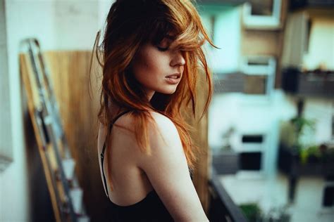 Women Model Redhead Long Hair Bare Shoulders Balconies Women Outdoors