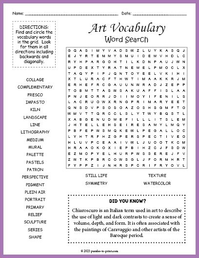 Art Vocabulary Word Search