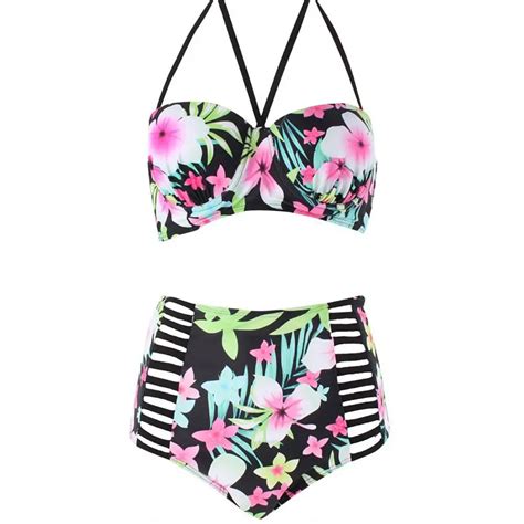 Plus Size Bikini Floral High Waist Swimsuit Large Size Halter Swimwear