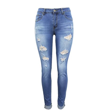 Wholesale Hot Sales Yp 6031 Female Blue Denim Jeans Wear Women Pants Ripped Denim Jeans Stretchy