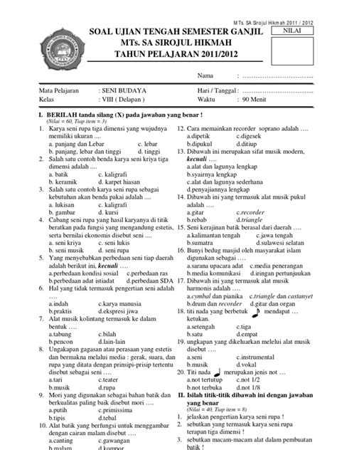 Contoh Soal Pts Uts Seni Budaya Kelas 9 Semester 1 Lengkap Dengan Kunci