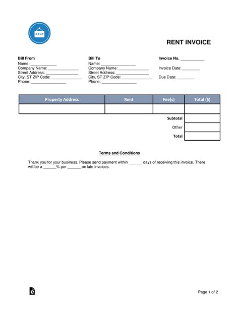 Free Rental Monthly Rent Invoice Template Pdf Word Eforms