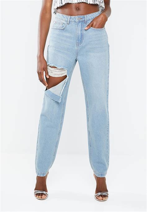 Riot Hang Down Rip High Waisted Mom Jean Light Stone Wash Missguided