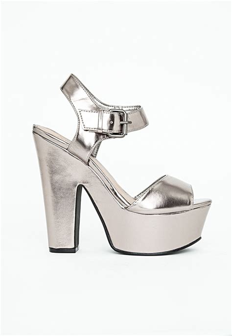 Silver Chunky Leather Heeled Sandals Missguided Augustina Metallic