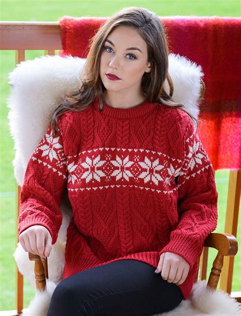 Womens Christmas Snowflake Crew Neck Aran Irish Sweater Wool Hoodie