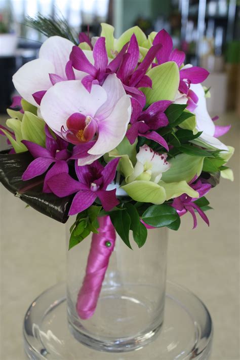 Bridal Bouquet Of White Phaleonopsis Orchids With Fuschia Dendrobium Orchids And Green Cymbidium