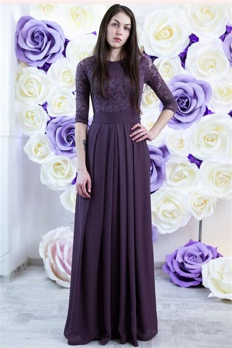 Purple Bridesmaid Dress Long Modest Lace And Chiffon Dress With Sleeves Formal Evening Gown