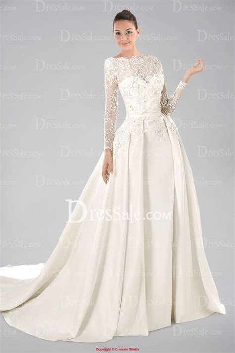 Long sleeve wedding dress with low back. Noble Long Lace Sleeve Satin Wedding Gown with Appliques ...