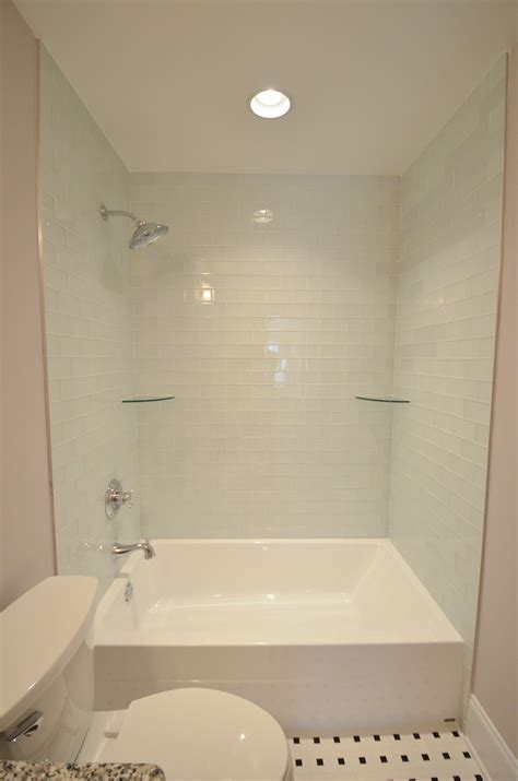 Oversized Tub Shower Combo With Light Blue Tile Shower Shelves And
